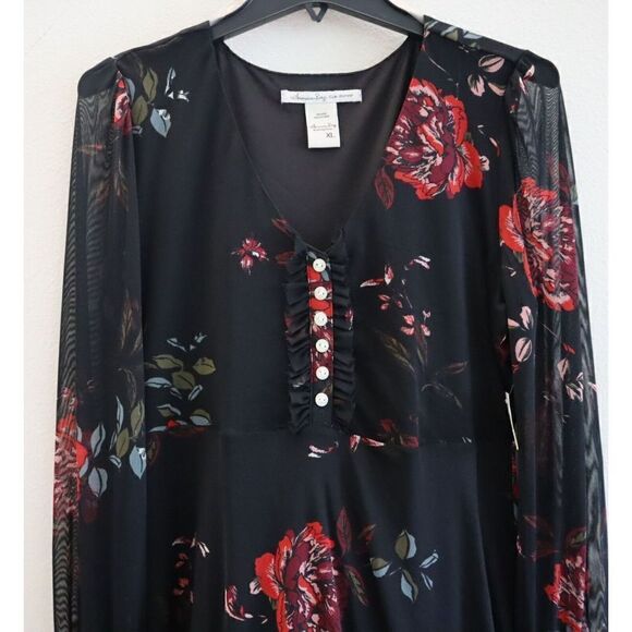 American Rag Women's Sz XL Black Joyful Floral V-Neck Center Front Ruffle Dress - Picture 5 of 15